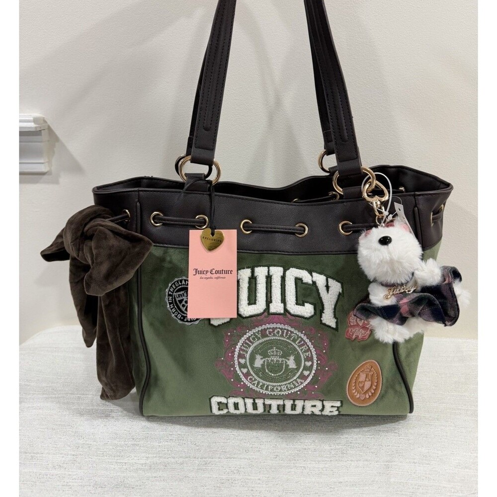 Juicy Couture Varsity Tote Bag Super Greens Velour Scottie Dog Charm NWT
